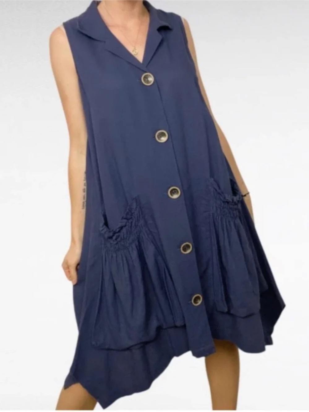 For Cynthia | Women’s Slate Blue Sleeveless Button Down Linen Blend Dress Size L